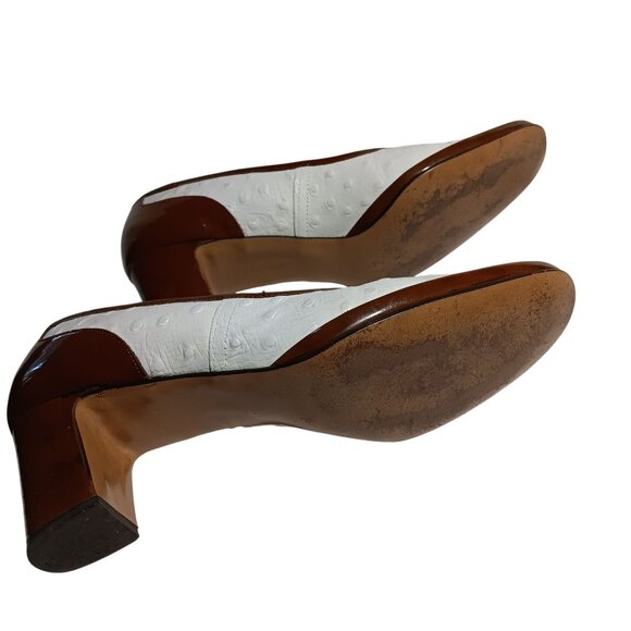 7.5 aaa N Vintage Womens Shoes PUMPS 1970s RISQUE FAUX OSTRICH 2 TONE IN BOX - Picture 5 of 11